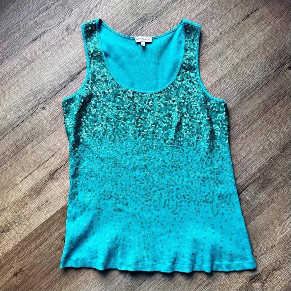 Y2K Fashion Bug Tank Top Women's Plus Size 1X Teal Blue Sequin‎ Sparkly Ombre